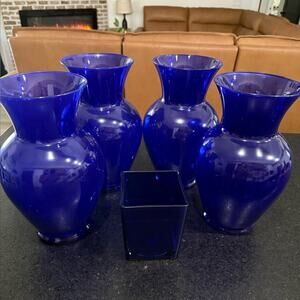 5 COBALT BLUE Glass Vase Set. 4-11” LARGE GLASS VASES & 1-5” Square Heavy Vase.